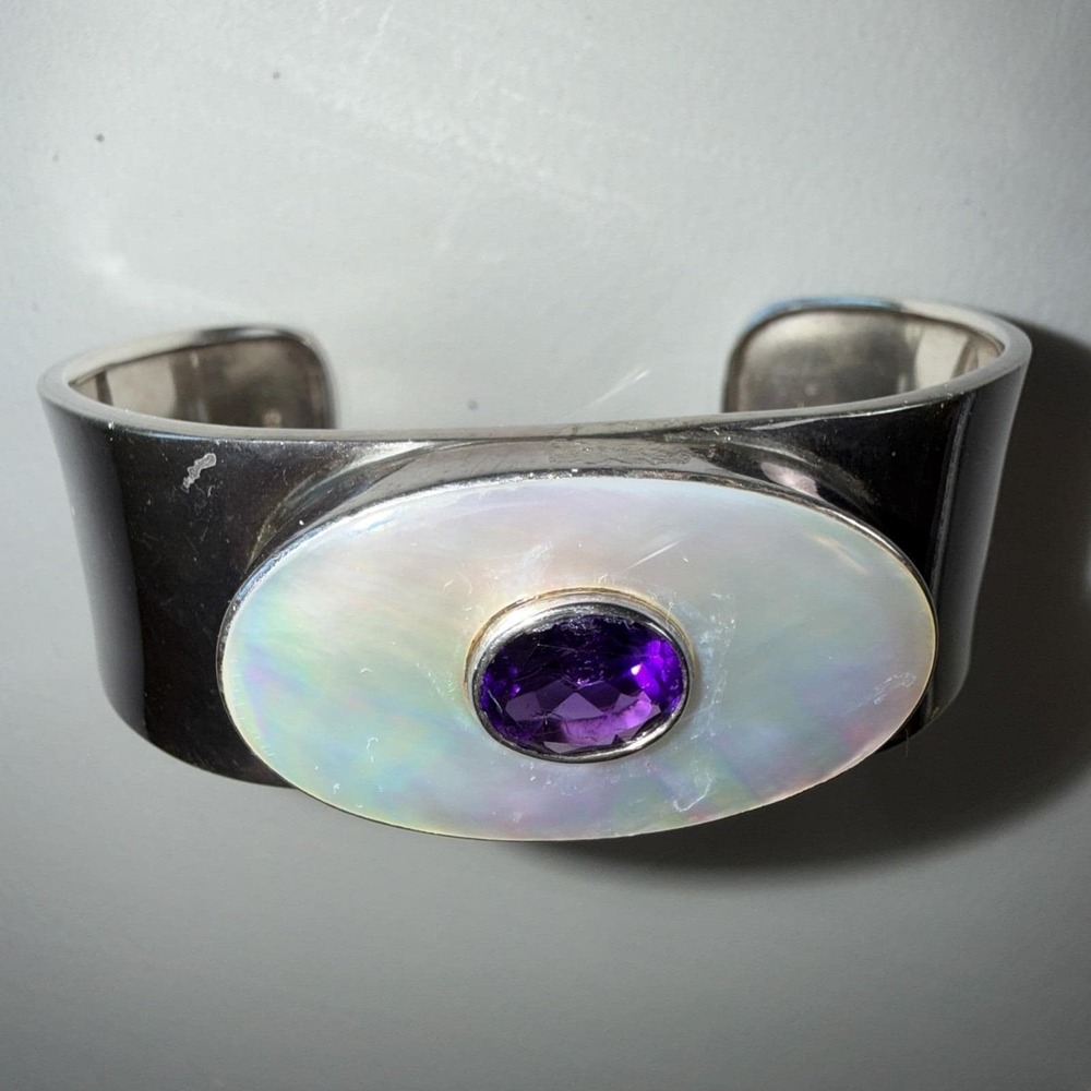 VTG Southwestern Vintage Sterling Silver Shell Amethyst Cuff Bracelet 32g - Picture 4 of 12